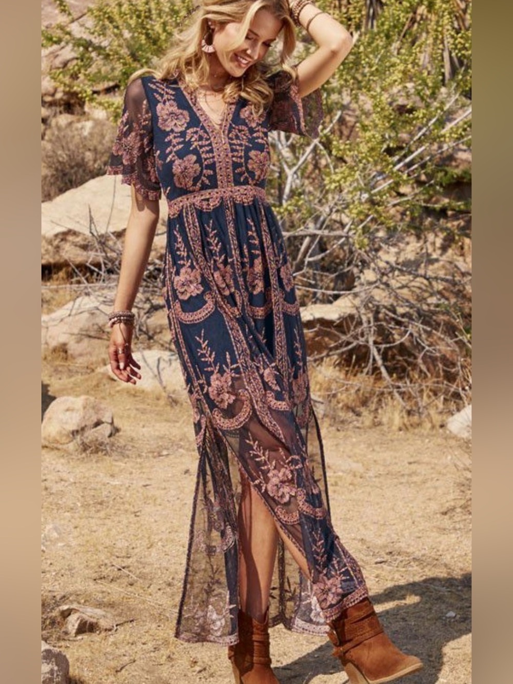 Altar'd State Catania Maxi Dress Women Small Blue Pink Floral Embroidered Tiered